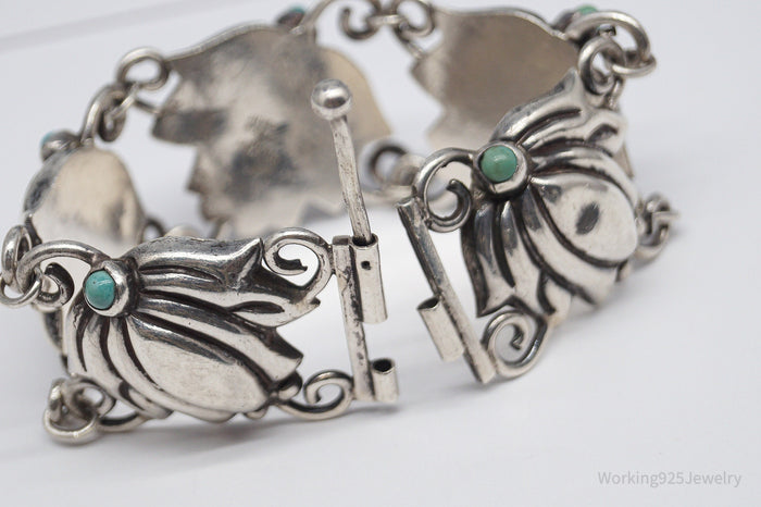 Vintage Mexico Blue Turquoise Inlay & Flowers Silver Bracelet - 7.75"