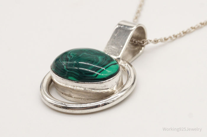 Vintage Mexico Large Malachite Modernist Sterling Silver Necklace