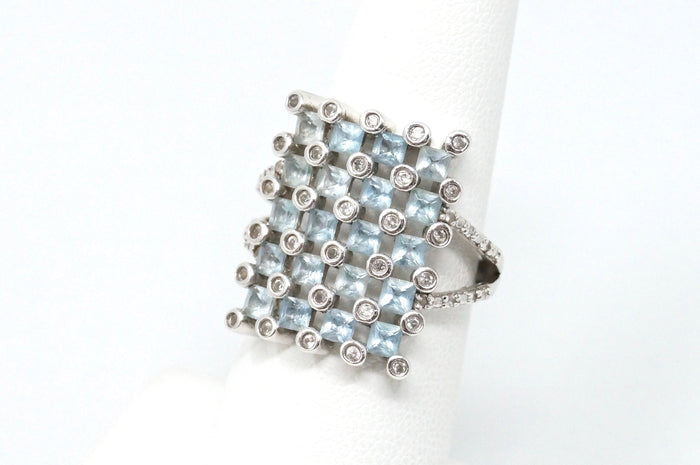 Vintage Mid Century Style Blue Topaz CZ Statement Ring Sterling Silver Size 5.75