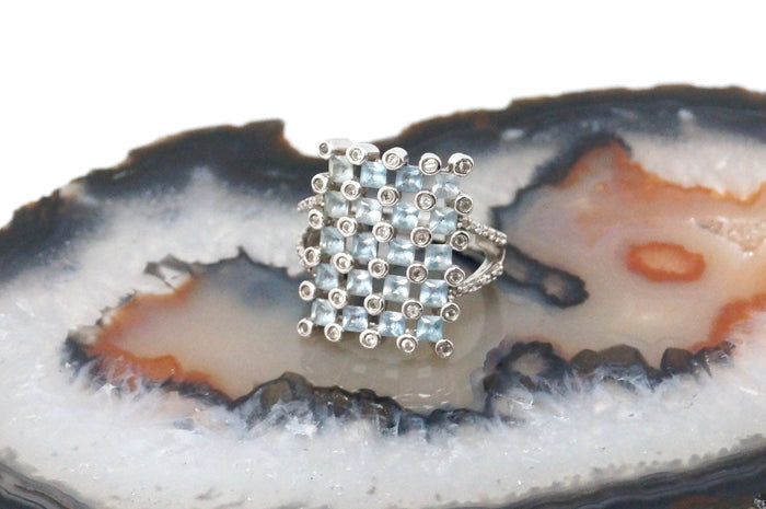 Vintage Mid Century Style Blue Topaz CZ Statement Ring Sterling Silver Size 5.75