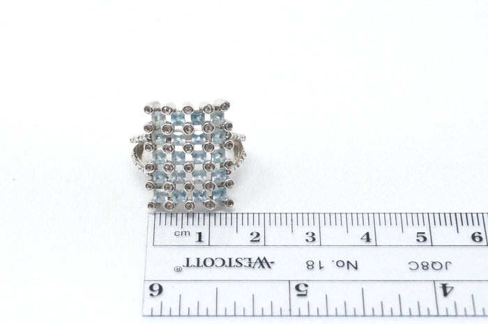 Vintage Mid Century Style Blue Topaz CZ Statement Ring Sterling Silver Size 5.75