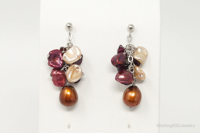 Vintage Multi Color Pearl Amethyst Dangle Sterling Silver Earrings