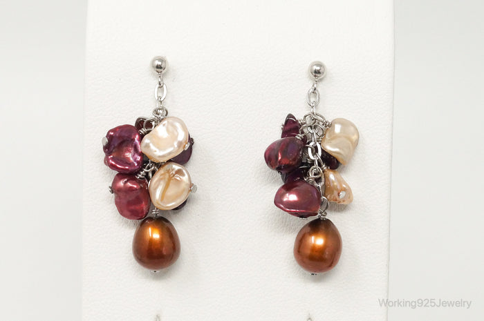 Vintage Multi Color Pearl Amethyst Dangle Sterling Silver Earrings