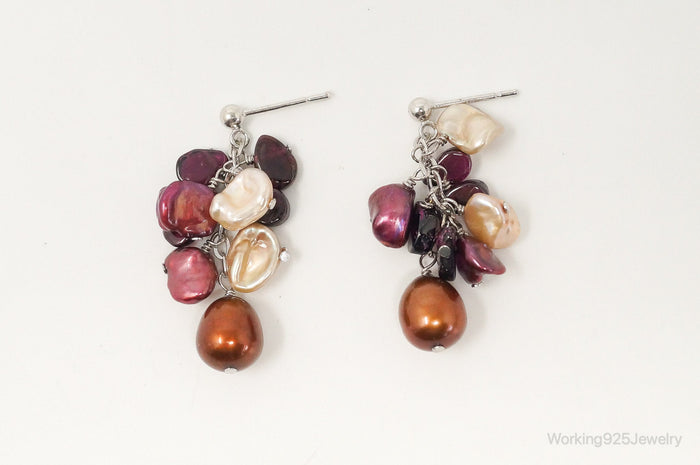 Vintage Multi Color Pearl Amethyst Dangle Sterling Silver Earrings