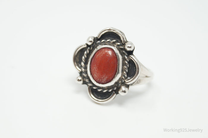 Vintage Native American Coral Unsigned Sterling Silver Ring - Sz 5.25