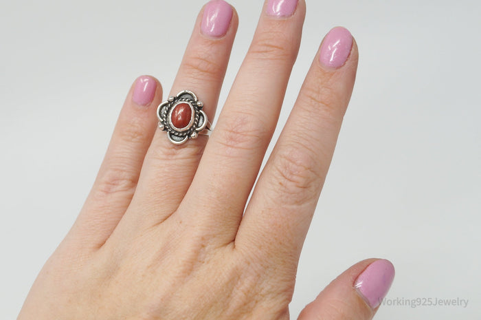 Vintage Native American Coral Unsigned Sterling Silver Ring - Sz 5.25