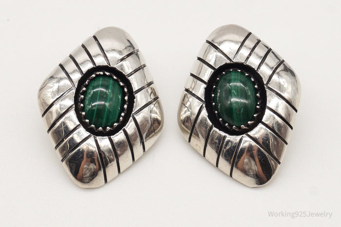 Vintage Native American Malachite Sterling Silver Clip On Earrings