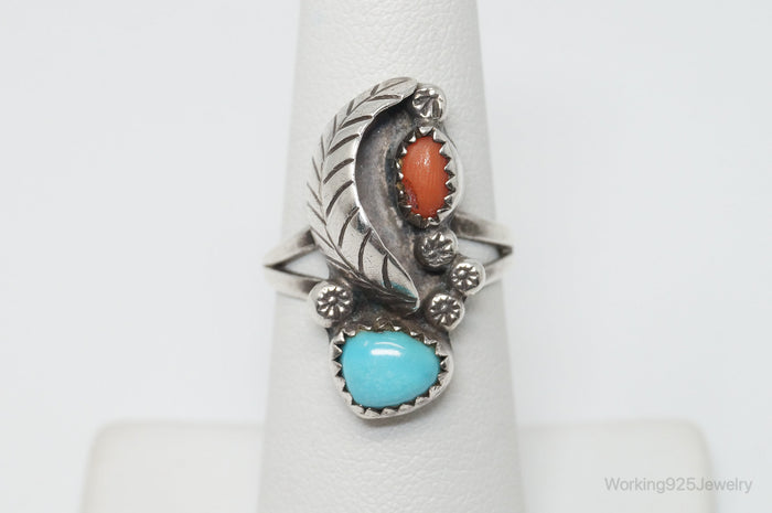 Vintage Native American Signed CM Turquoise Coral Sterling Silver Ring - SZ 6.25