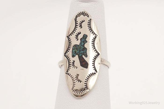 Vintage Native American Turquoise Coral Inlay Peyote Bird Silver Ring SZ 5.5
