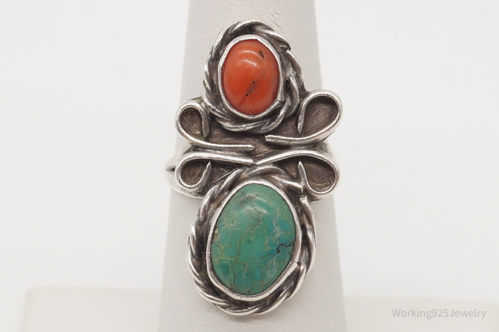 Vintage Native American Turquoise Coral Unsigned Silver Ring - SZ 5.75