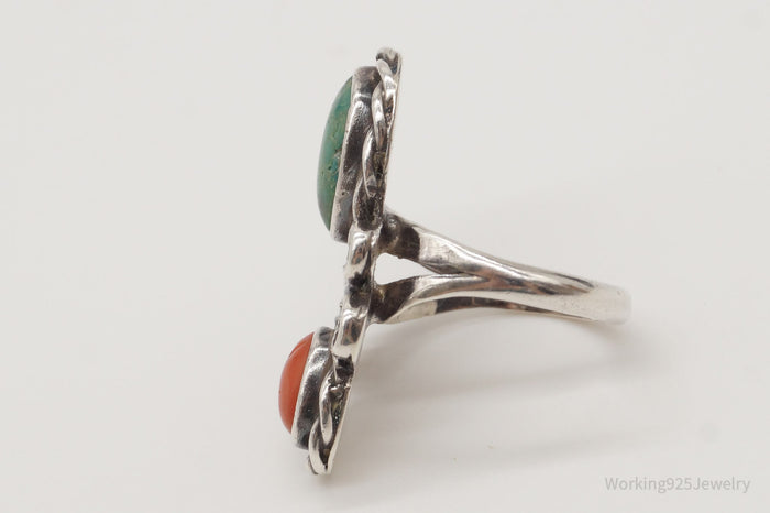 Vintage Native American Turquoise Coral Unsigned Silver Ring - SZ 5.75