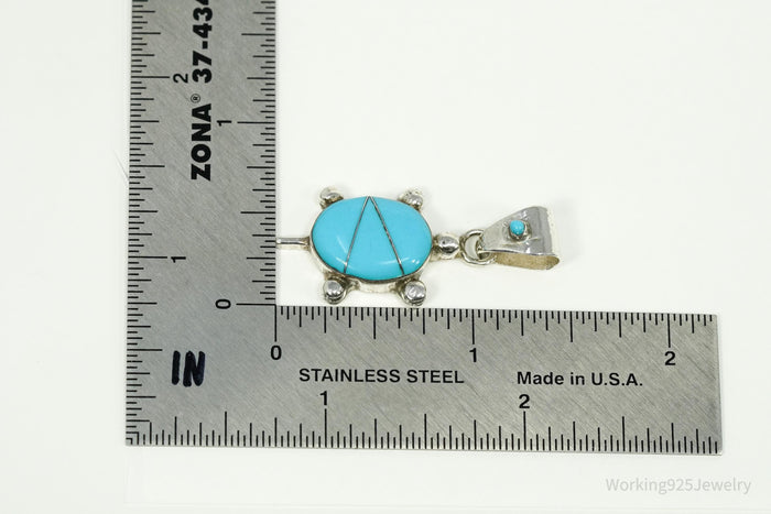 Vintage Native American Turquoise Inlay Turtle Sterling Silver Pendant 1.5"
