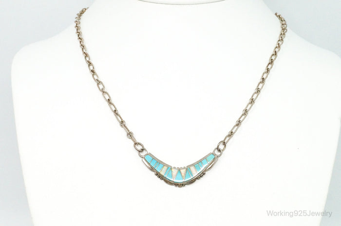 Vintage Native American Turquoise Opal Inlay Sterling Silver Necklace