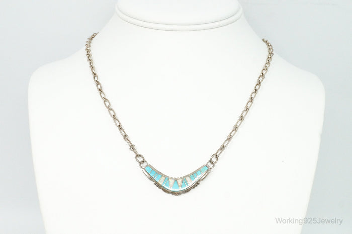 Vintage Native American Turquoise Opal Inlay Sterling Silver Necklace