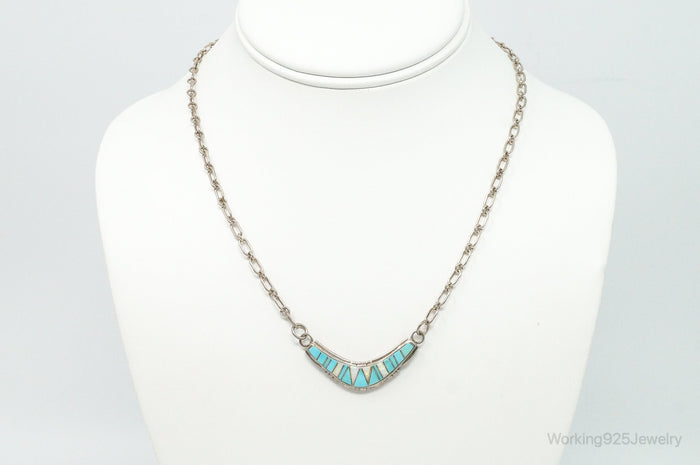 Vintage Native American Turquoise Opal Inlay Sterling Silver Necklace