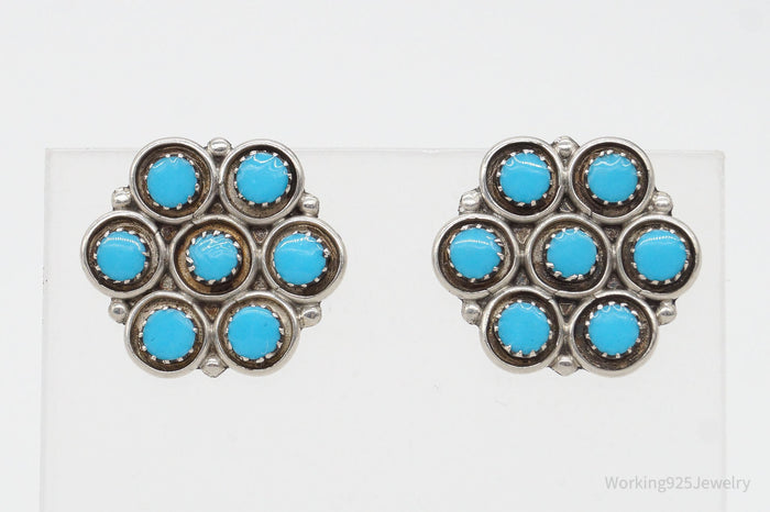 Vintage Native American Turquoise Petit Point Sterling Silver Earrings