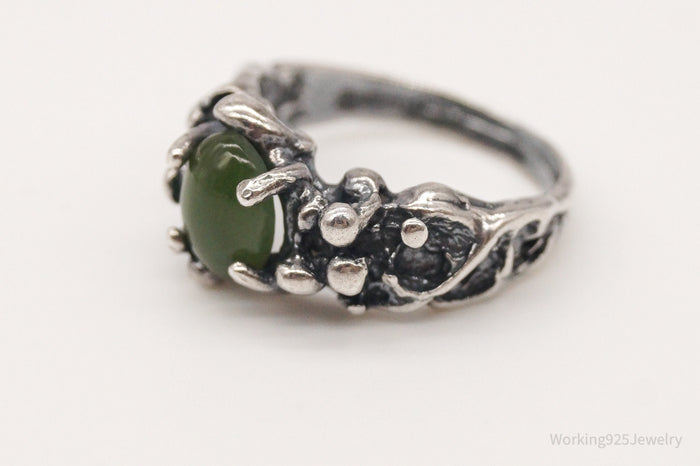 Vintage Nephrite Brutalist Sterling Silver Ring - Size 5.5