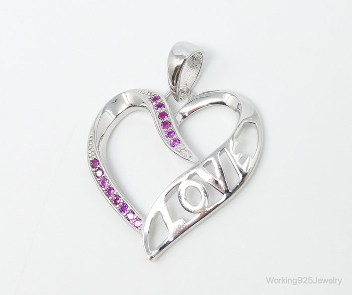 Vintage Open Heart Pink Cubic Zirconia Sterling Silver Necklace Pendant
