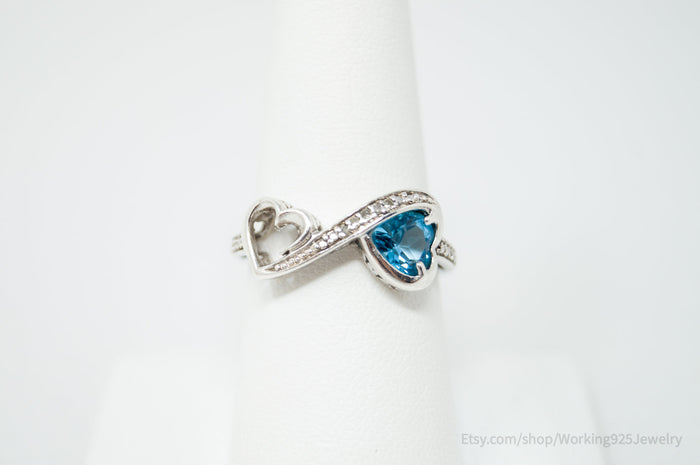 Vintage Open Hearts Forever Diamond Blue Topaz Sterling Silver Ring - Size 7.75