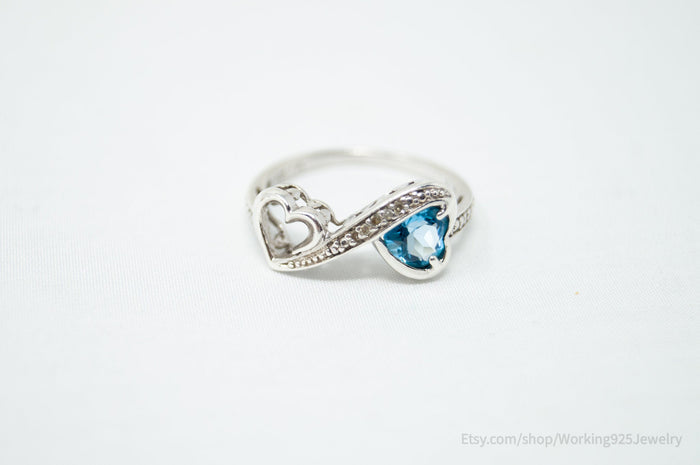 Vintage Open Hearts Forever Diamond Blue Topaz Sterling Silver Ring - Size 7.75