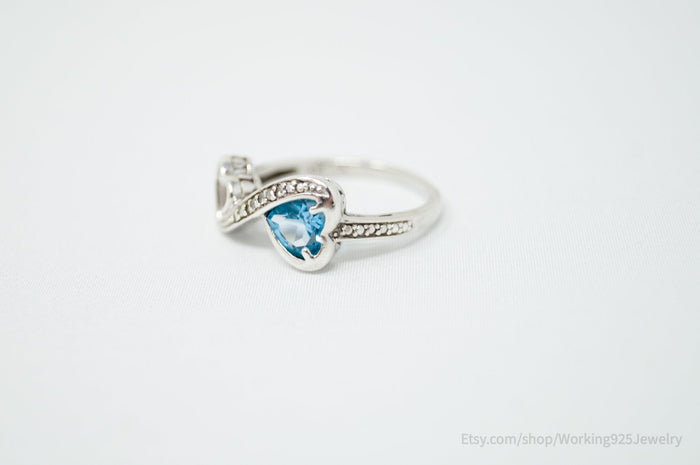 Vintage Open Hearts Forever Diamond Blue Topaz Sterling Silver Ring - Size 7.75