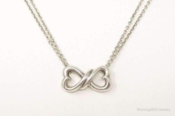 Vintage Open Linked Hearts Lovers Infinity Sterling Silver Necklace