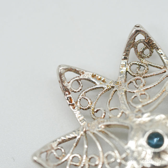 Vintage Ornate Blue Topaz Flower Sterling Silver Necklace Pendant