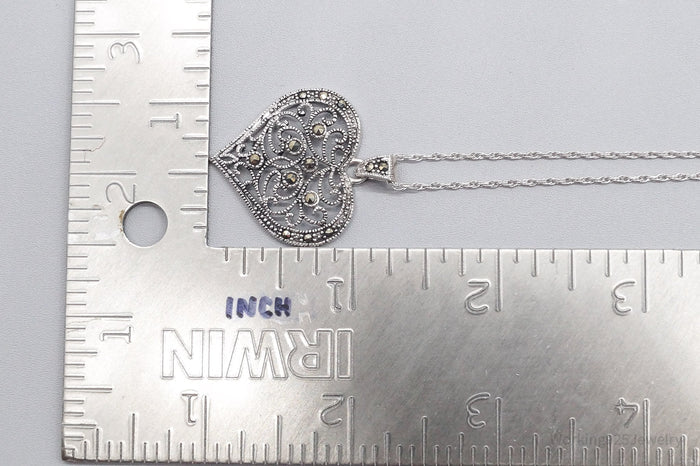 Vintage Ornate Marcasite Heart Sterling Silver Necklace 30"