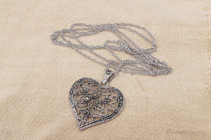 Vintage Ornate Marcasite Heart Sterling Silver Necklace 30"