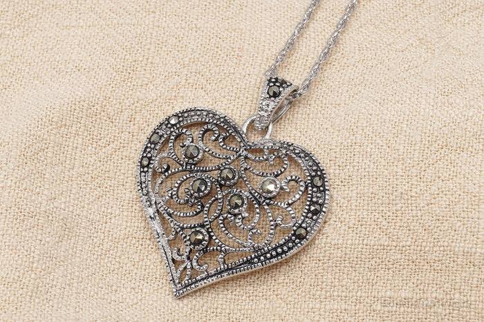 Vintage Ornate Marcasite Heart Sterling Silver Necklace 30"