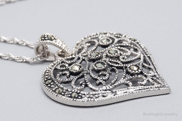 Vintage Ornate Marcasite Heart Sterling Silver Necklace 30"