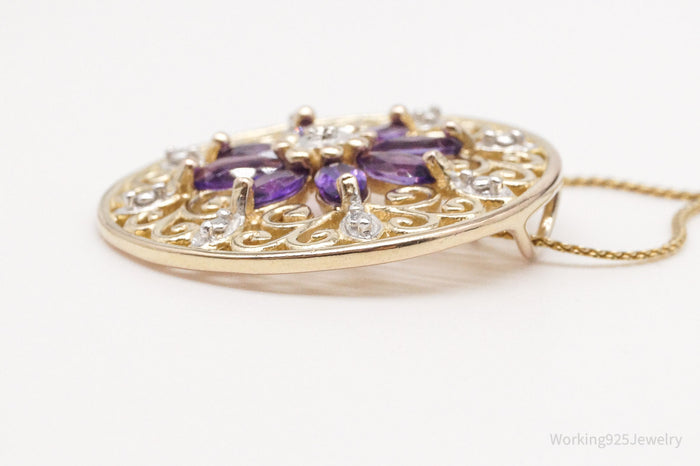 Vintage PAJ Amethyst Single Diamond Gold Vermeil Sterling Silver Necklace 18"