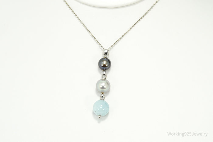 Vintage Pearl & Aquamarine Sterling Silver Necklace 18"