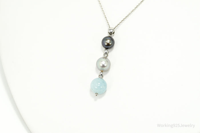 Vintage Pearl & Aquamarine Sterling Silver Necklace 18"