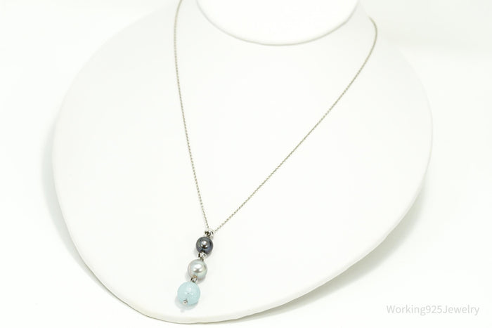 Vintage Pearl & Aquamarine Sterling Silver Necklace 18"