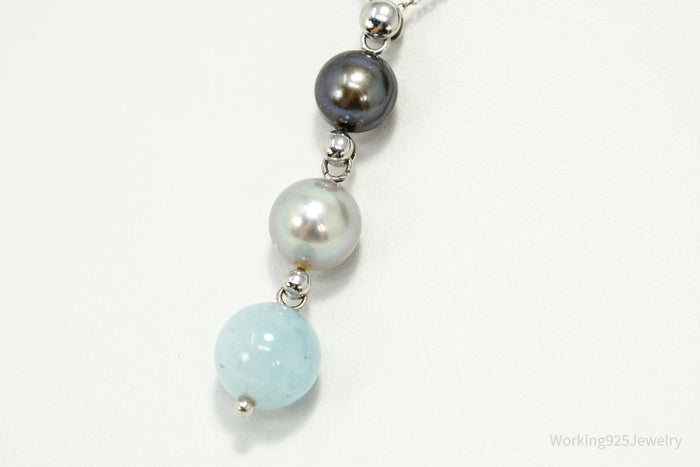 Vintage Pearl & Aquamarine Sterling Silver Necklace 18"