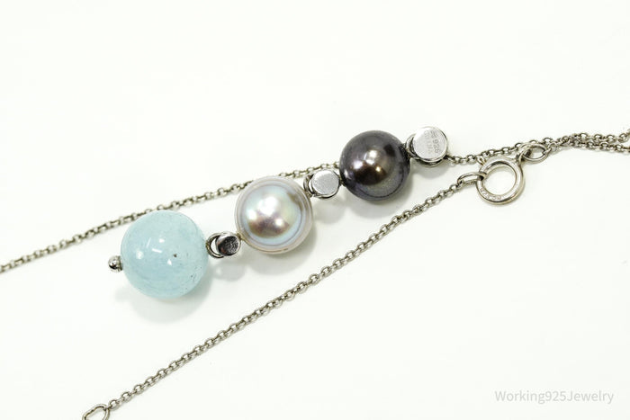 Vintage Pearl & Aquamarine Sterling Silver Necklace 18"
