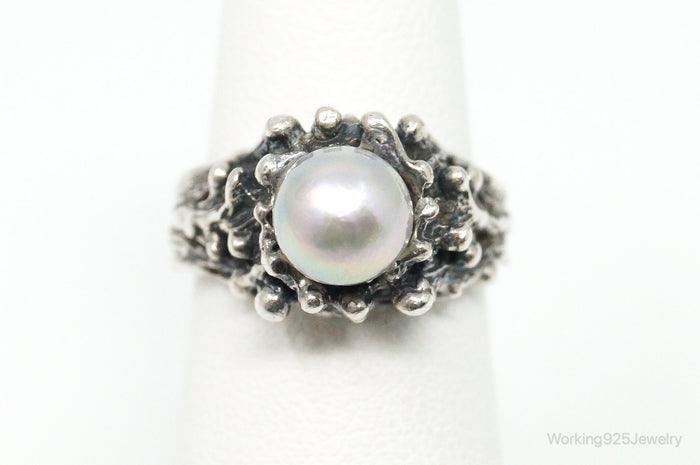 Vintage Pearl Brutalist Sterling Silver Ring - Size 5