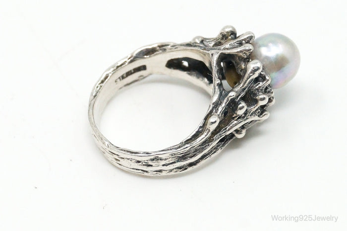 Vintage Pearl Brutalist Sterling Silver Ring - Size 5