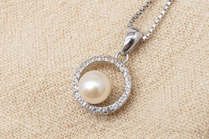 Vintage Pearl Cubic Zirconia Sterling Silver Necklace 18"