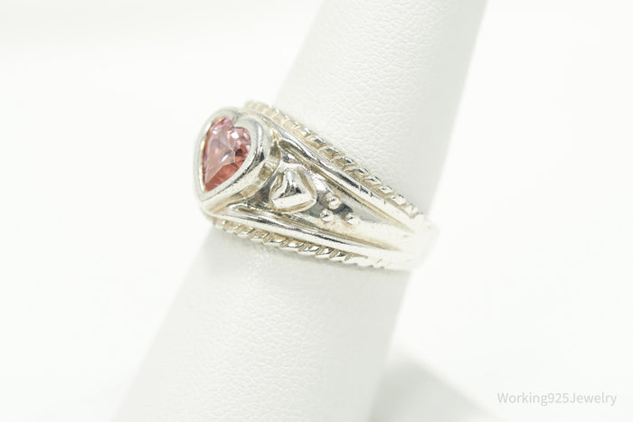 Vintage Pink Cubic Zirconia Heart Sterling Silver Ring - Size 7