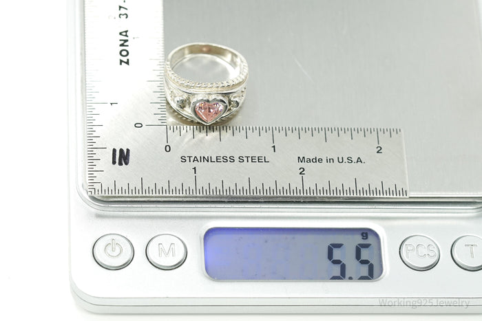 Vintage Pink Cubic Zirconia Heart Sterling Silver Ring - Size 7