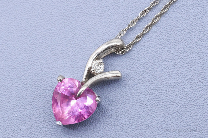 Vintage Pink Sapphire Heart & Cubic Zirconia Sterling Silver Necklace 18"