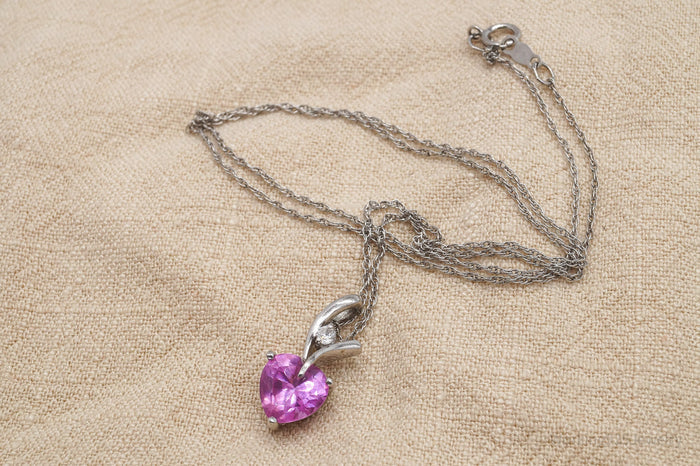 Vintage Pink Sapphire Heart & Cubic Zirconia Sterling Silver Necklace 18"