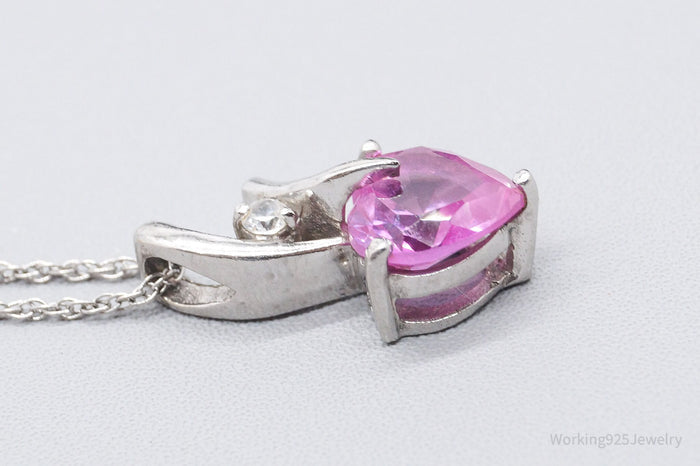 Vintage Pink Sapphire Heart & Cubic Zirconia Sterling Silver Necklace 18"