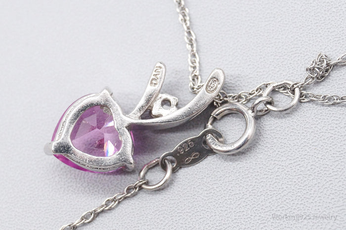 Vintage Pink Sapphire Heart & Cubic Zirconia Sterling Silver Necklace 18"