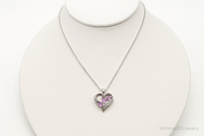 Vintage Pink Topaz Two Diamond Heart Mom Sterling Silver Necklace