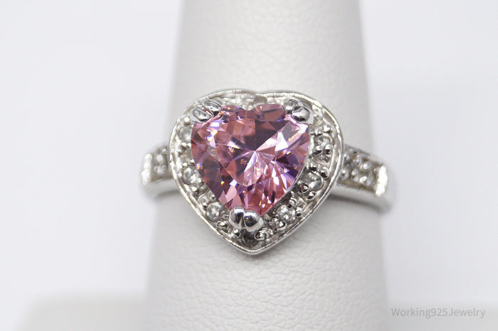 Vintage Pink & White Cubic Zirconia Rhodium Over Sterling Silver Ring - Size 8