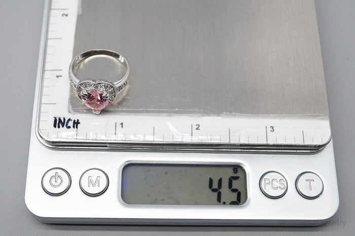 Vintage Pink & White Cubic Zirconia Rhodium Over Sterling Silver Ring - Size 8