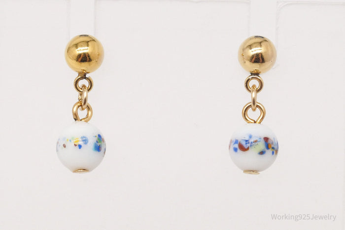 Vintage Porcelain Dangle Gold Plated Earrings